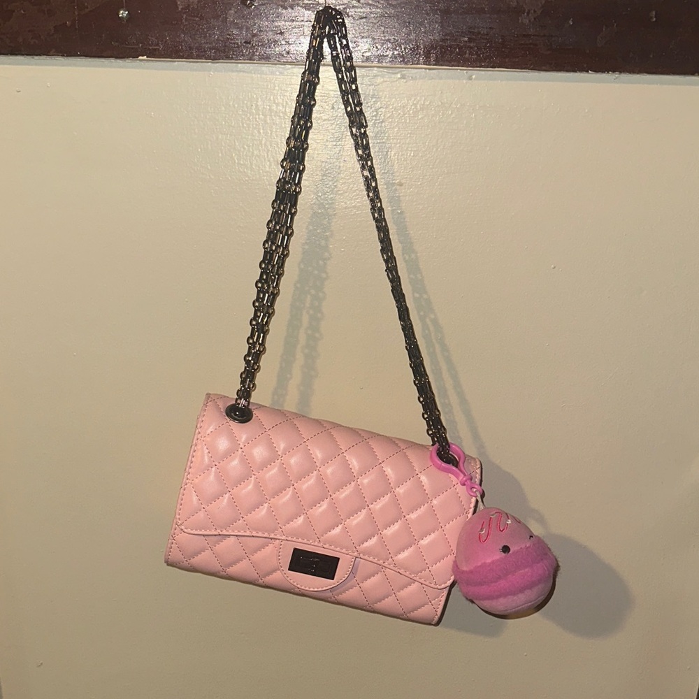 Pink bag - black Chain Shoulder Bag w/ Plush Charm